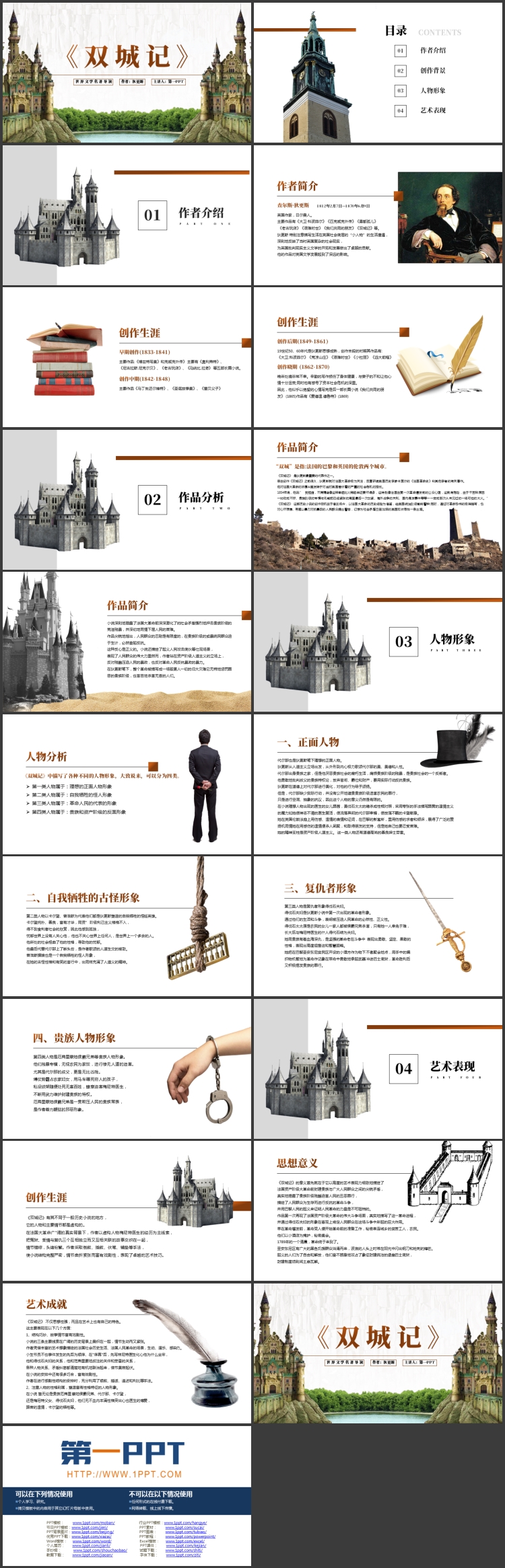 古典城堡背景的《双城记》名著导读PPT下载