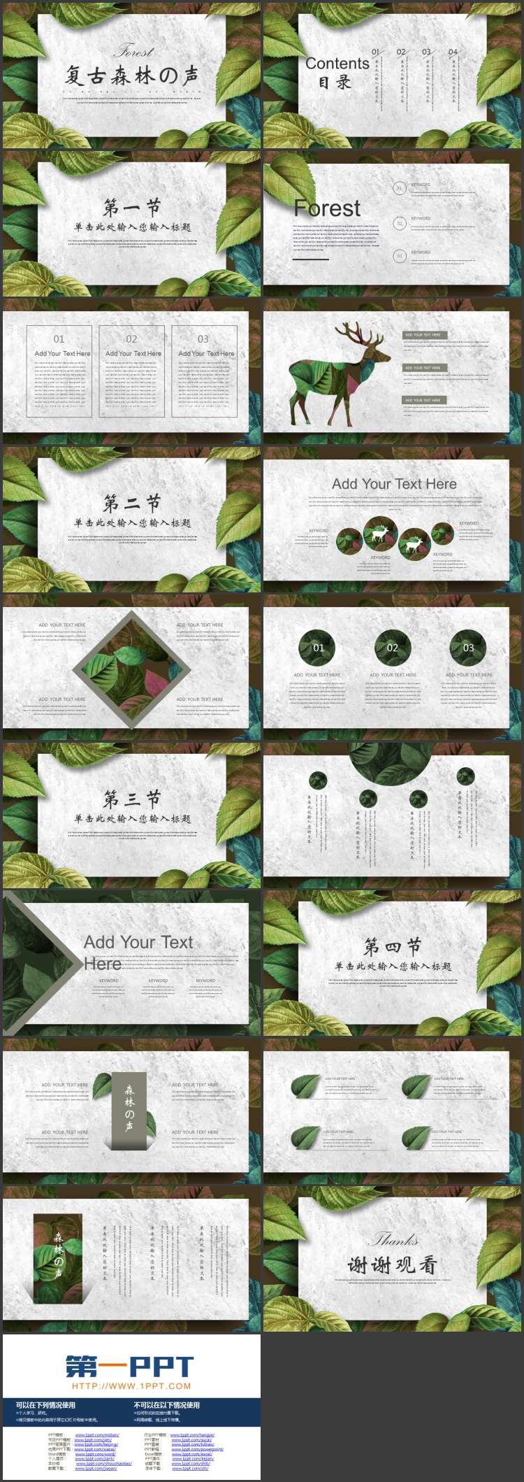 绿色叶子背景的“复古森林の声”植物系商务汇报PPT模板