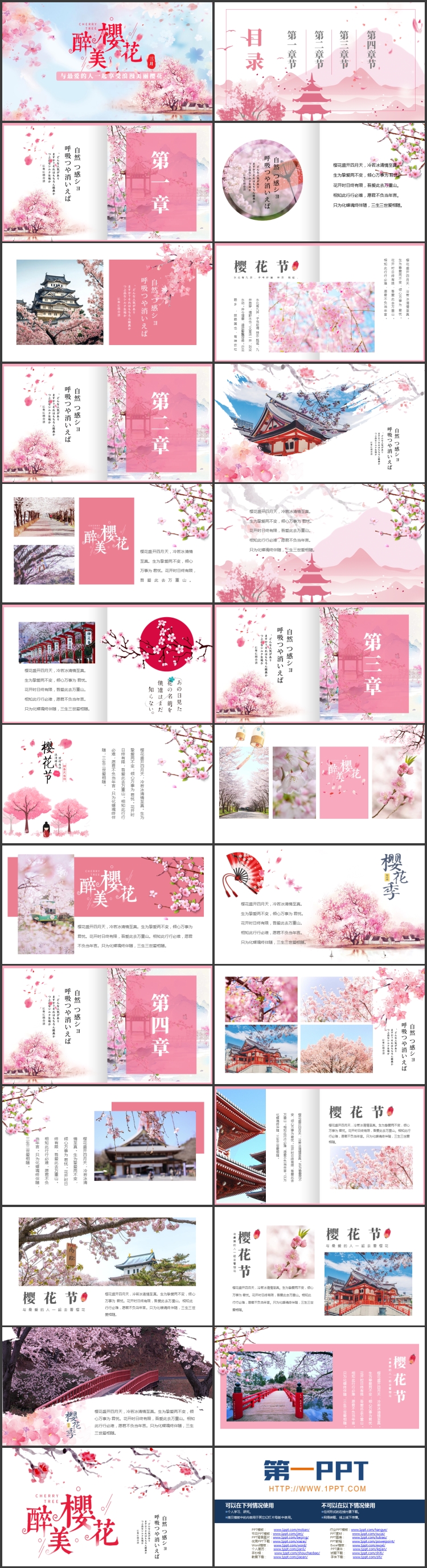 粉色唯美樱花背景的“醉美樱花”PPT模板
