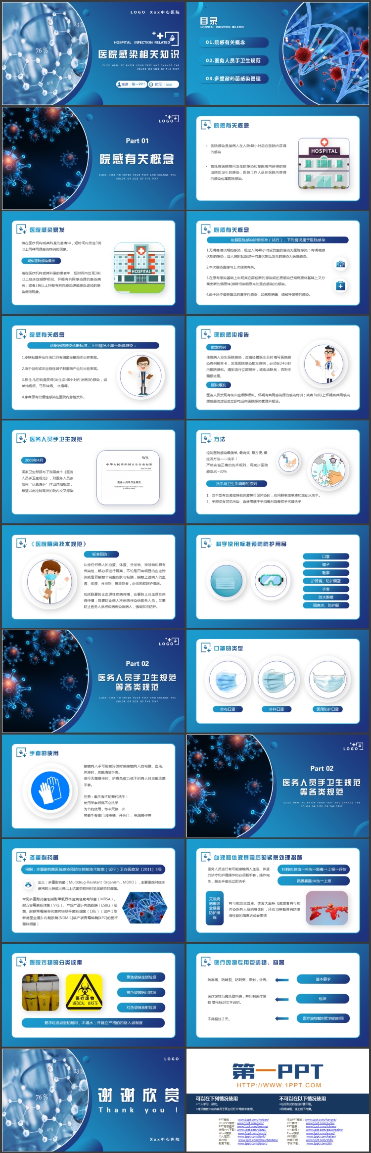 蓝色分子结构背景的医院感染相关知识培训PPT模板
