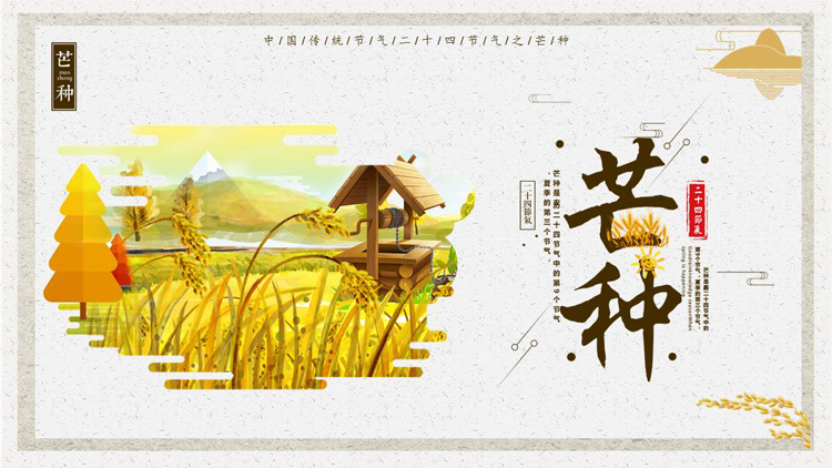 插画风麦田群山背景的芒种节气介绍PPT模板