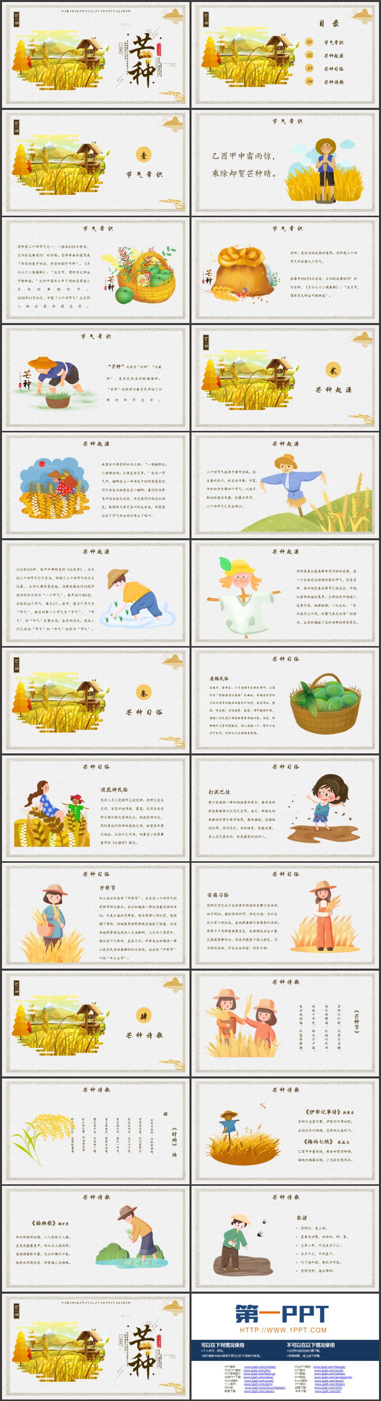 插画风麦田群山背景的芒种节气介绍PPT模板