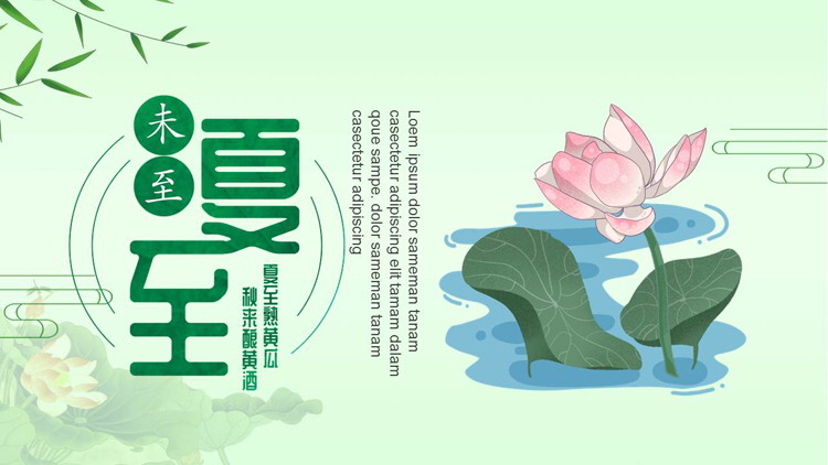 绿色卡通荷花荷叶背景的“夏至未至”夏至节气介绍PPT模板