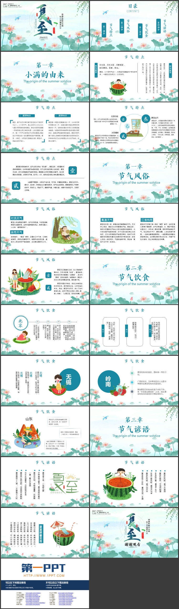 青色荷花荷叶背景的中国风夏至节气介绍PPT模板