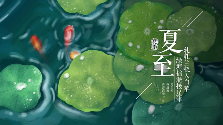 绿色荷叶背景的插画风夏至节气介绍PPT模板