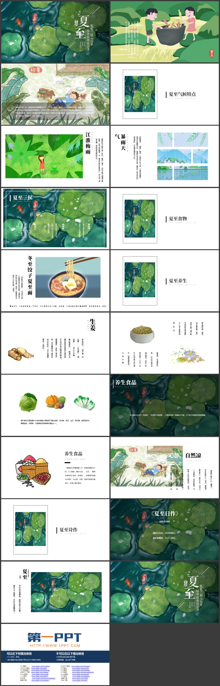 绿色荷叶背景的插画风夏至节气介绍PPT模板