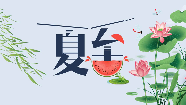 清新水彩荷花荷叶背景的夏至节气介绍PPT模板