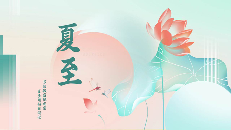 青红配色荷花荷叶背景的夏至节气介绍PPT模板