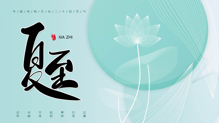 青色创意荷花荷叶背景的中国传统节气之夏至节气介绍PPT模板