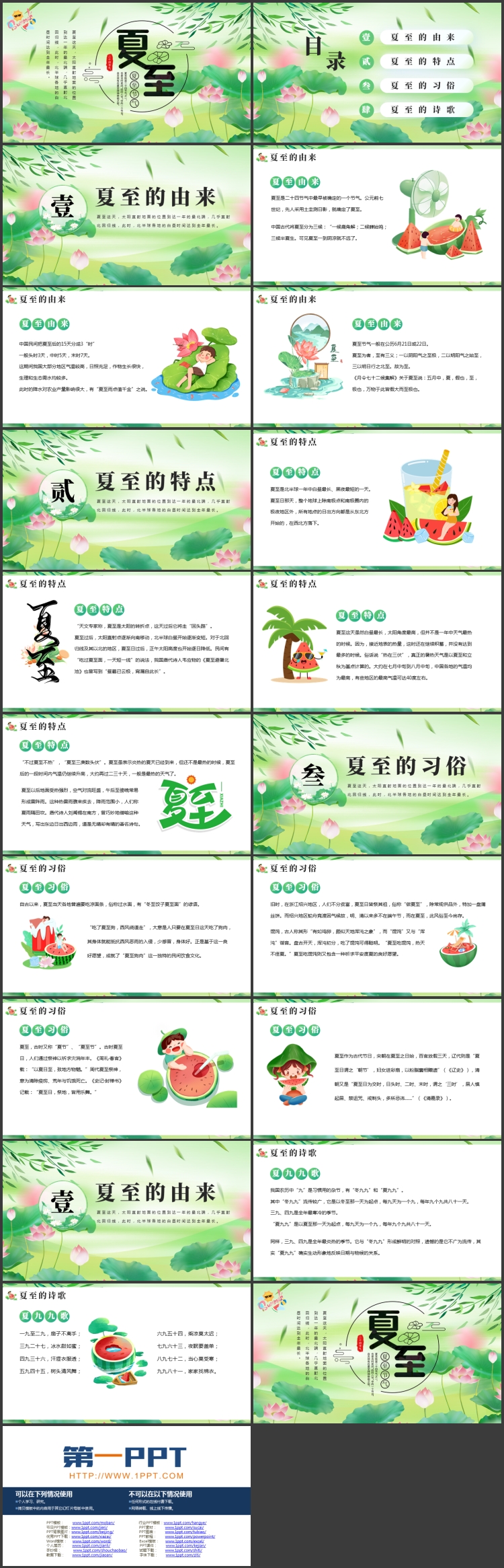 绿色清新荷花荷叶背景的传统节气之夏至节气介绍PPT模板