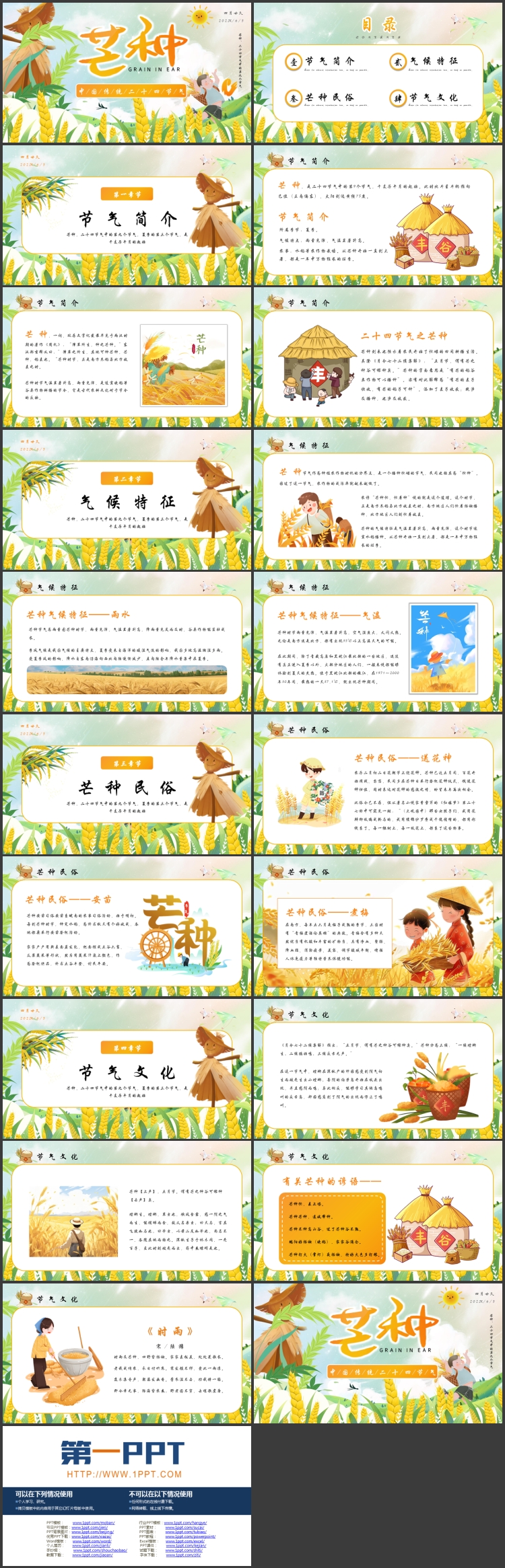 精美插画麦穗稻草人背景的芒种节气介绍PPT模板