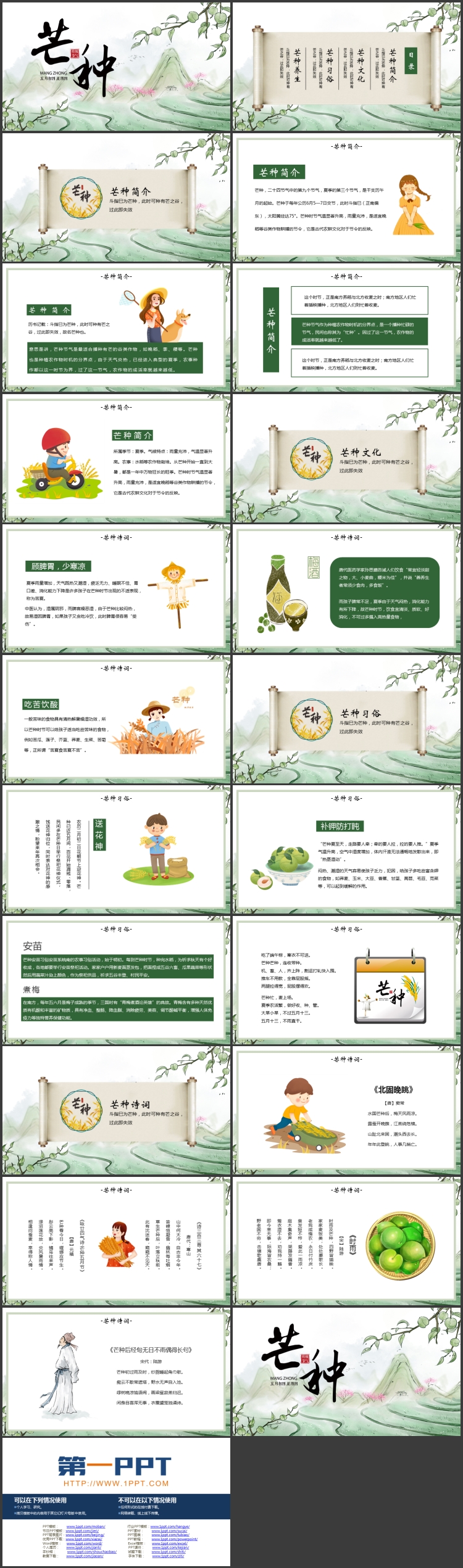 绿色插画群山梯田背景的传统节气之芒种节气介绍PPT模板