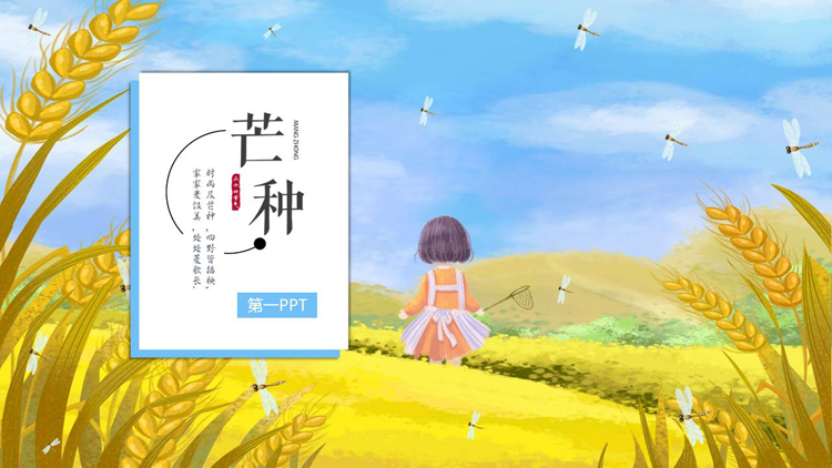 金色插画麦穗小女孩背景的芒种节气介绍PPT模板