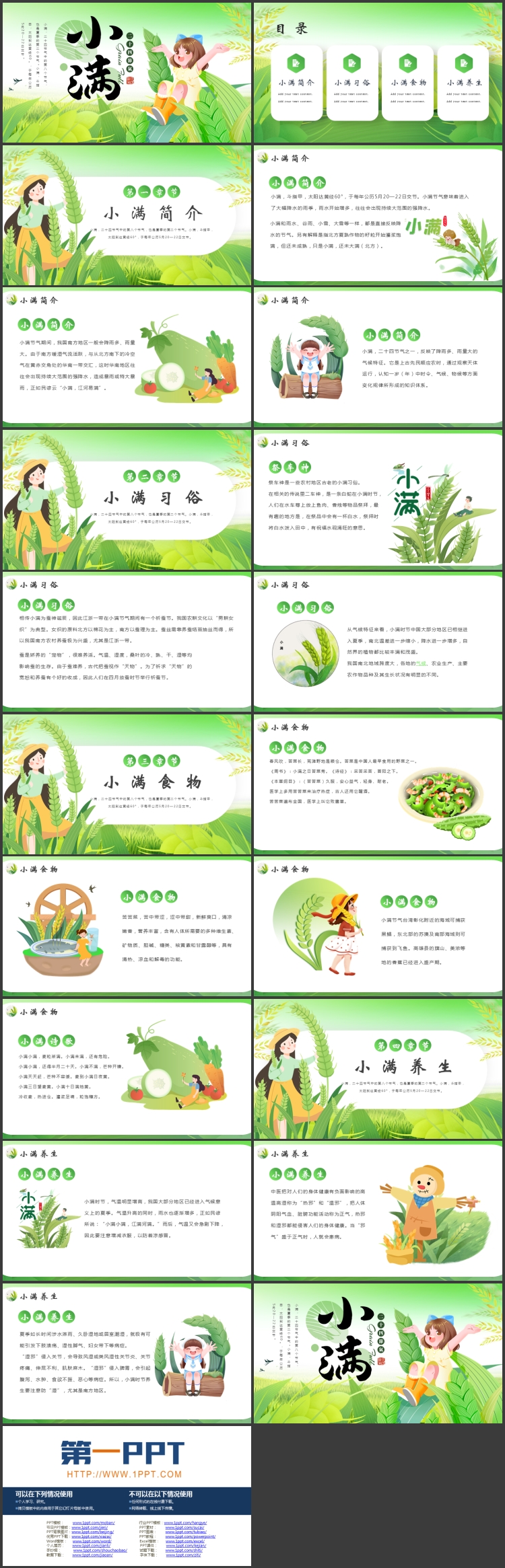 绿色清新卡通麦穗女孩背景的小满节气介绍PPT模板