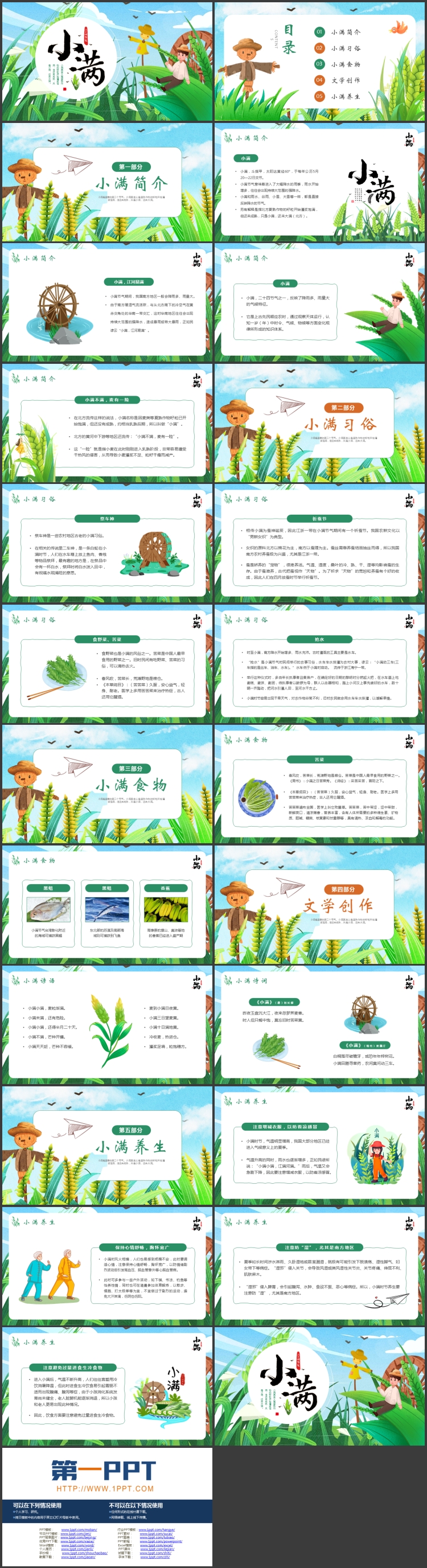 绿色插画叶子稻草人背景的小满节气介绍PPT模板