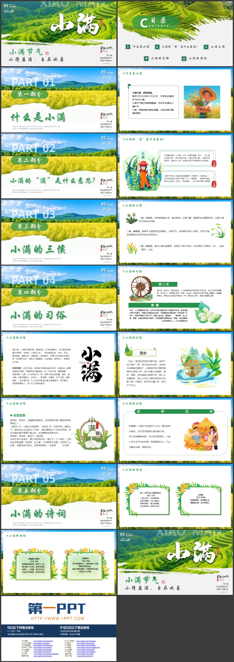 绿色清新梯田背景的二十四节气之小满节气介绍PPT模板
