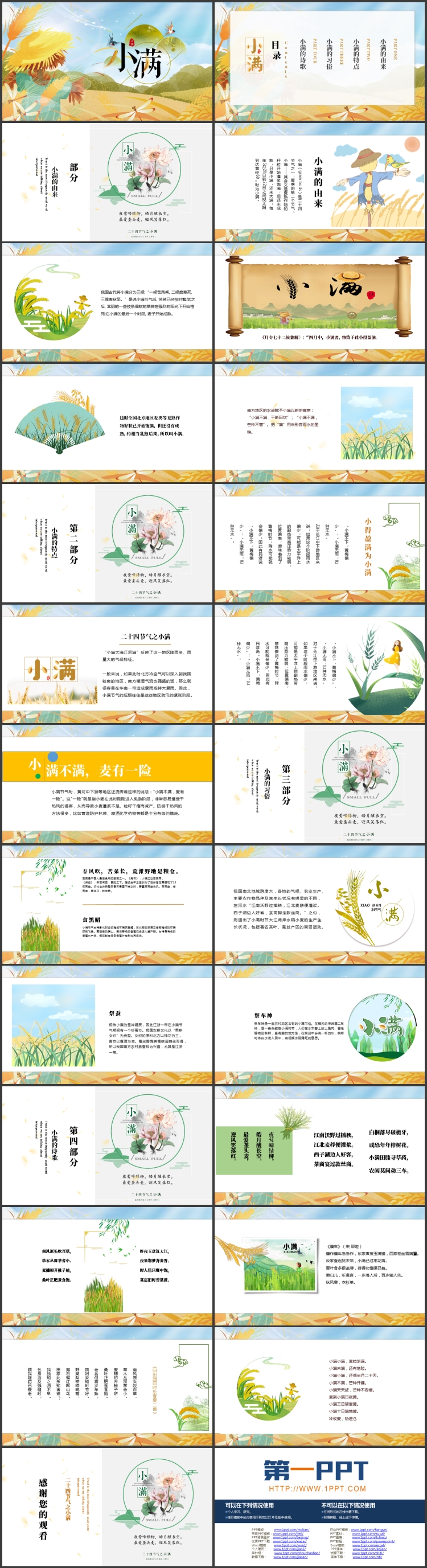 插画风麦穗稻草人背景的小满节气介绍PPT模板