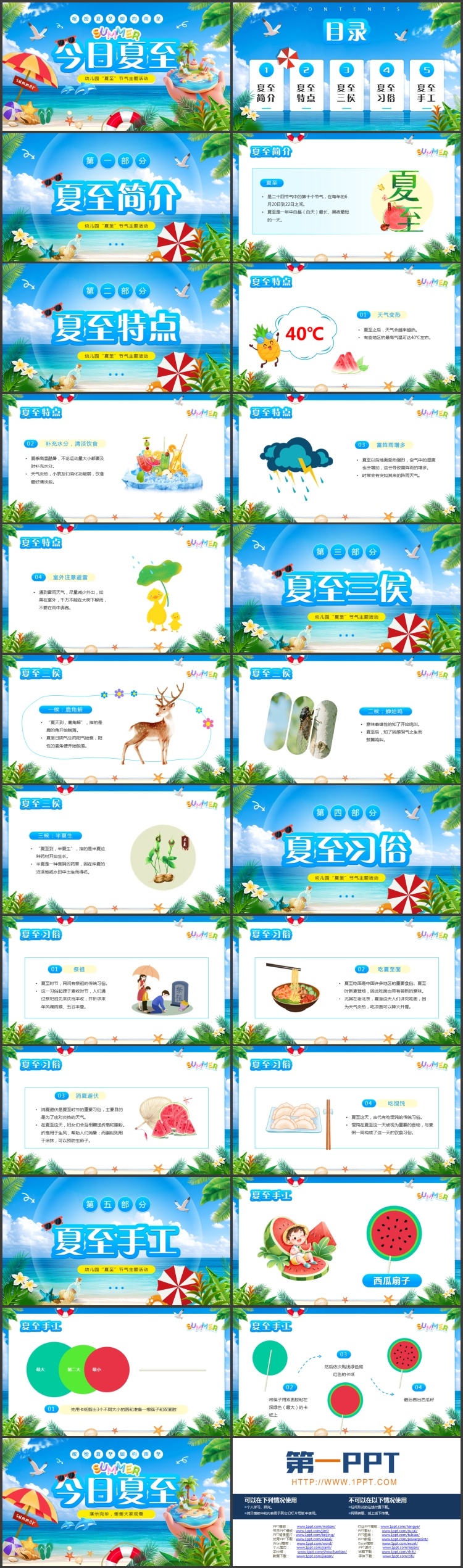 蓝色卡通风格的“今日夏至”幼儿园夏至节气主题活动PPT模板