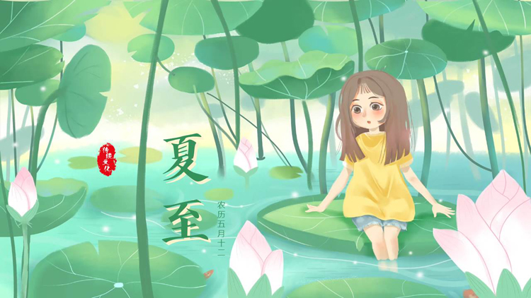 绿色插画风荷花荷叶背景的传统节气之夏至节气介绍PPT模板