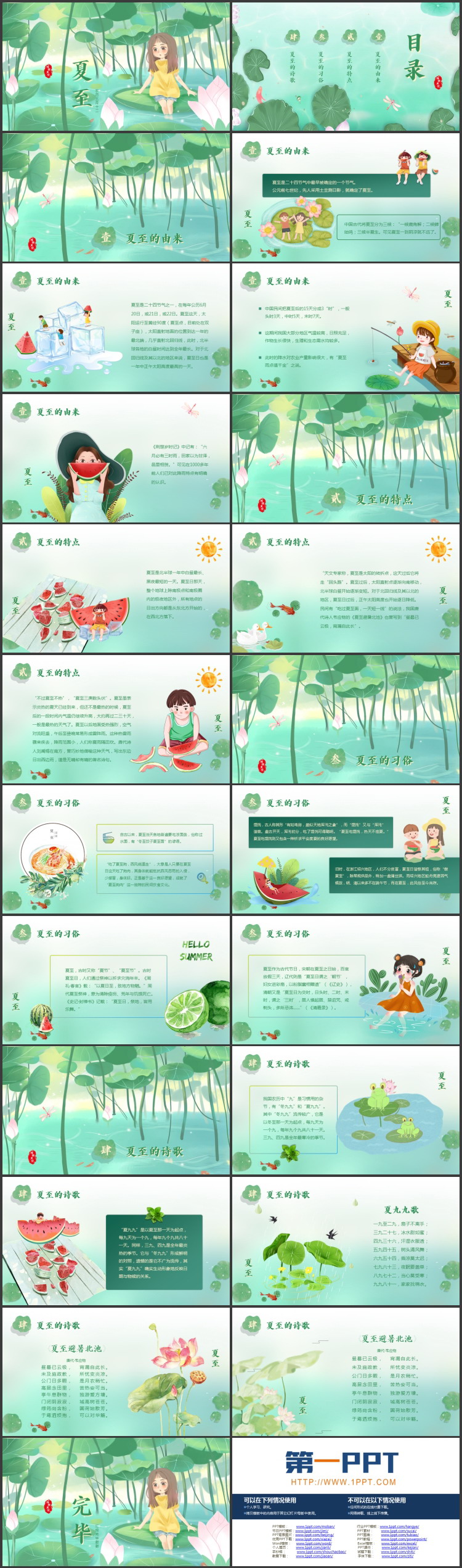 绿色插画风荷花荷叶背景的传统节气之夏至节气介绍PPT模板