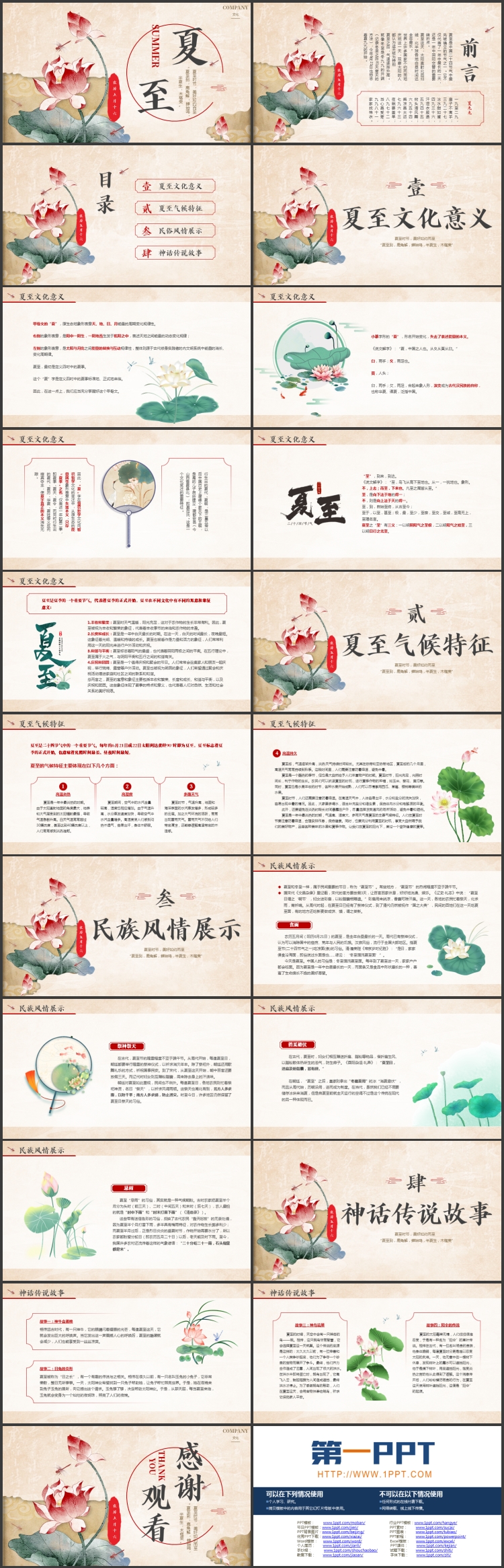 古典荷花荷叶背景的夏至节气介绍PPT模板