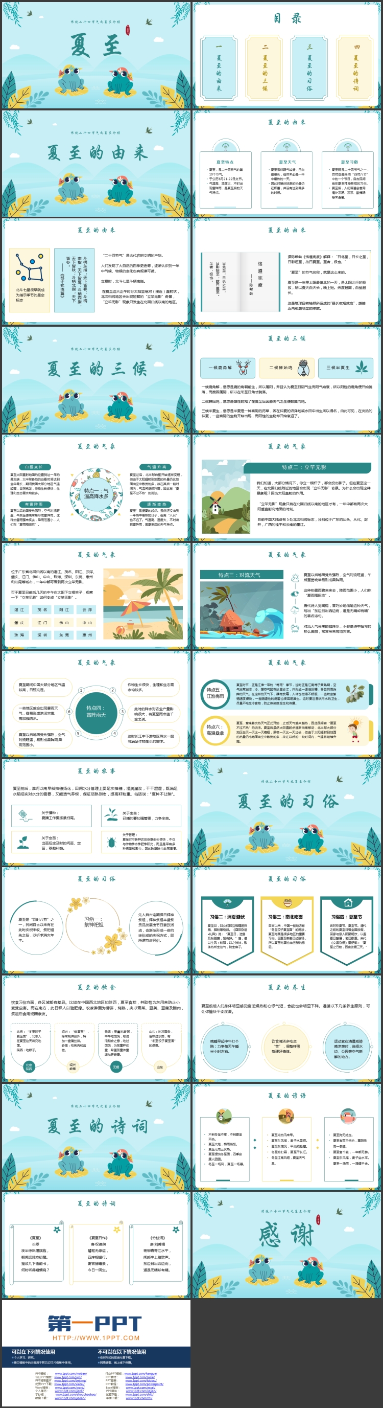 青色卡通风格的传统二十四节气之夏至介绍PPT模板