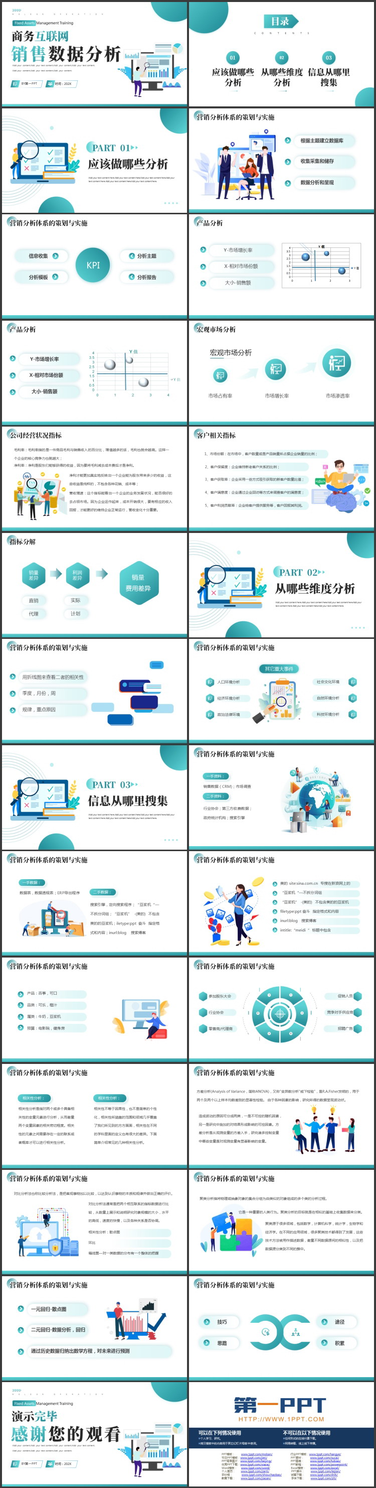 青色矢量办公背景的商务互联网销售数据分析PPT模板下载