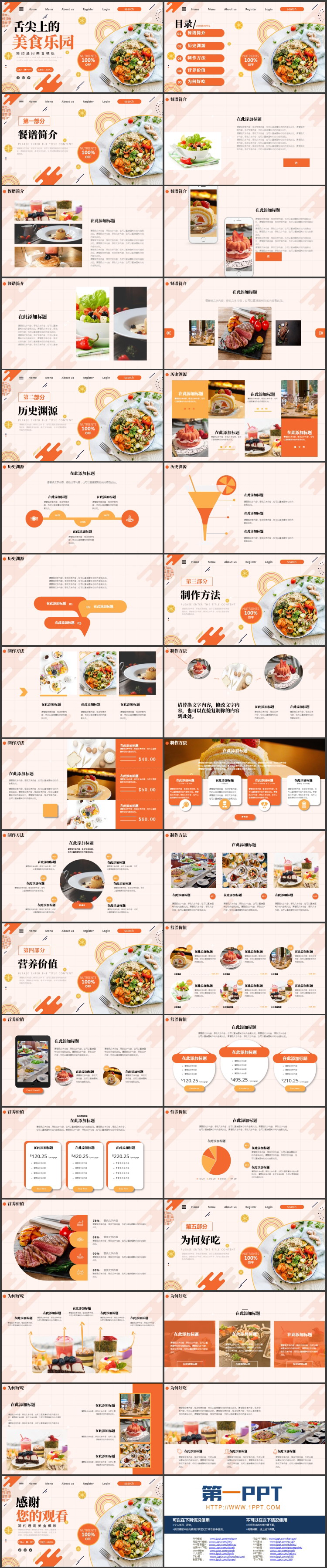 橙色蔬菜沙拉背景的“舌尖上的美食乐园”通用美食PPT模板