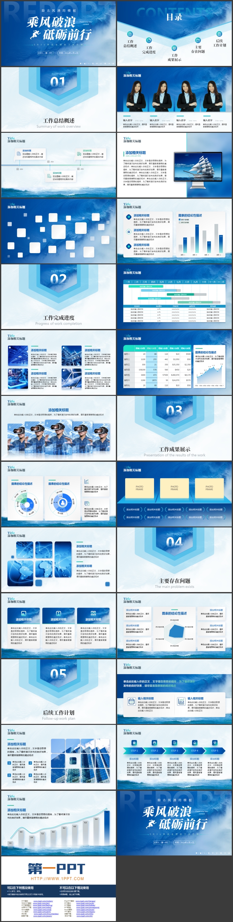蓝色海浪背景的“乘风破浪砥砺前行”企业项目工作汇报PPT模板下载