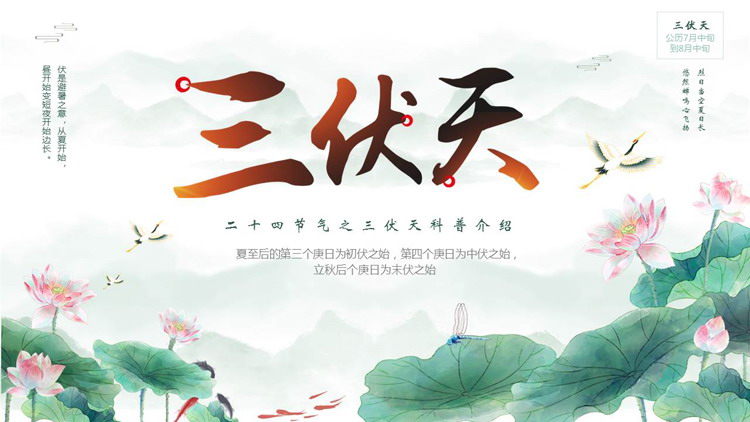 绿色水墨荷花荷叶背景二十四节气之三伏天科普介绍PPT模板