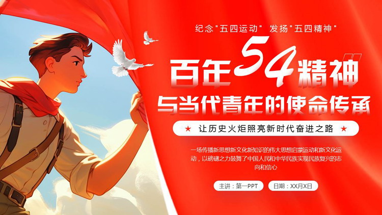 红色插画风“百年54精神与当代青年的使命传承”五四青年节主题教育PPT模板