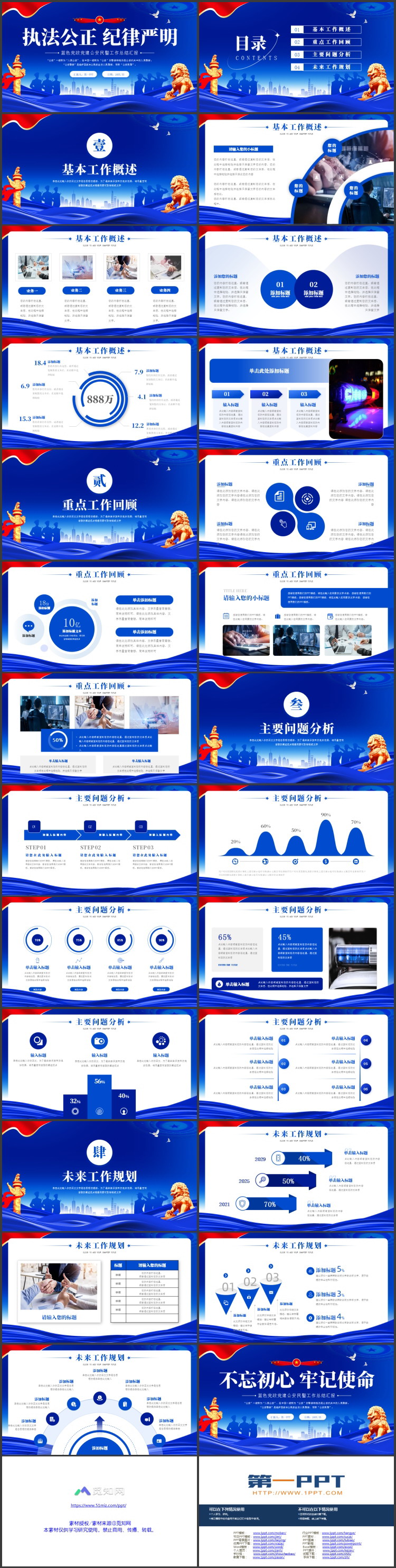 蓝色党政党建风“执法公正纪律严明”公安民警工作总结汇报PPT模板