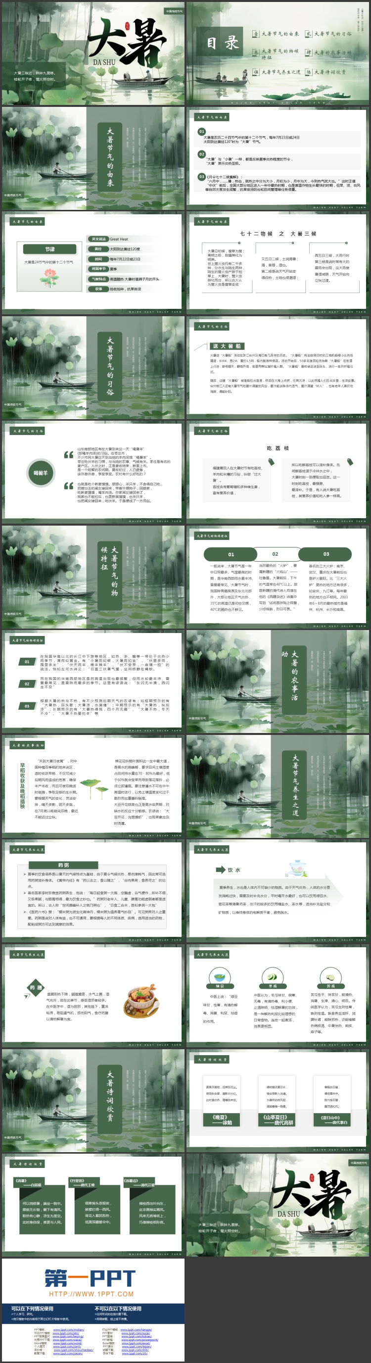 绿色荷叶小船背景的中国传统节气大暑介绍PPT模板
