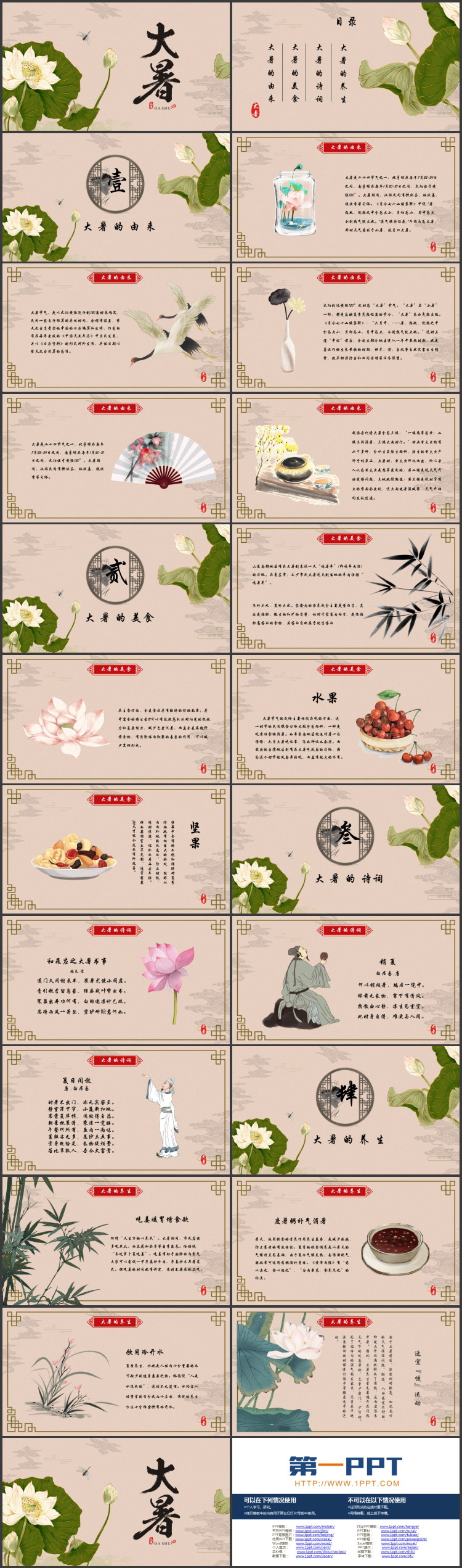 古典中国风荷花荷叶背景的大暑节气介绍PPT模板