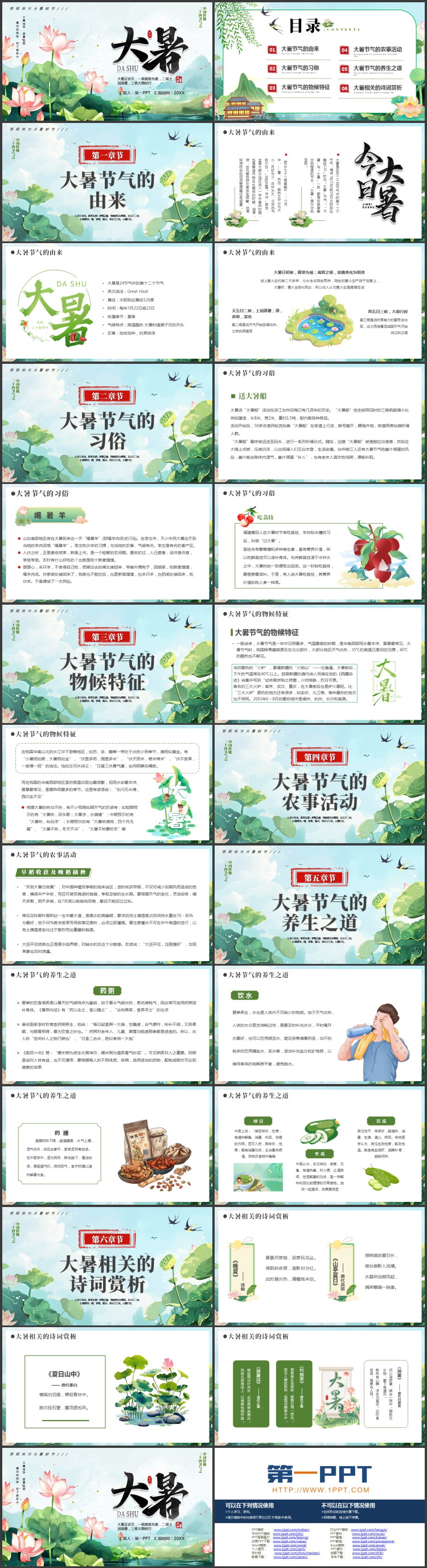 绿色清新插画风荷花荷叶背景的二十四节气之大暑节气介绍PPT模板