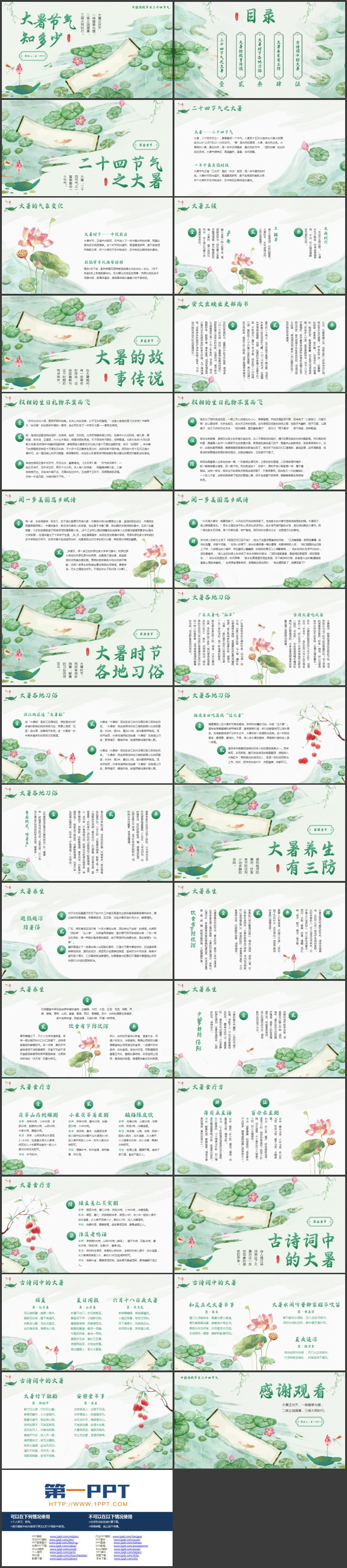 绿色手绘荷花荷叶背景的大暑节气知多少PPT模板