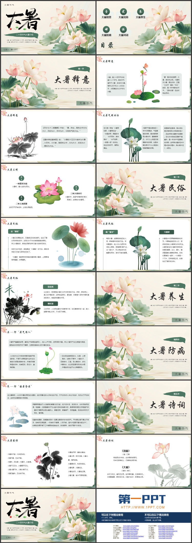 绿色水彩荷花荷叶背景的二十四节气大暑介绍PPT模板