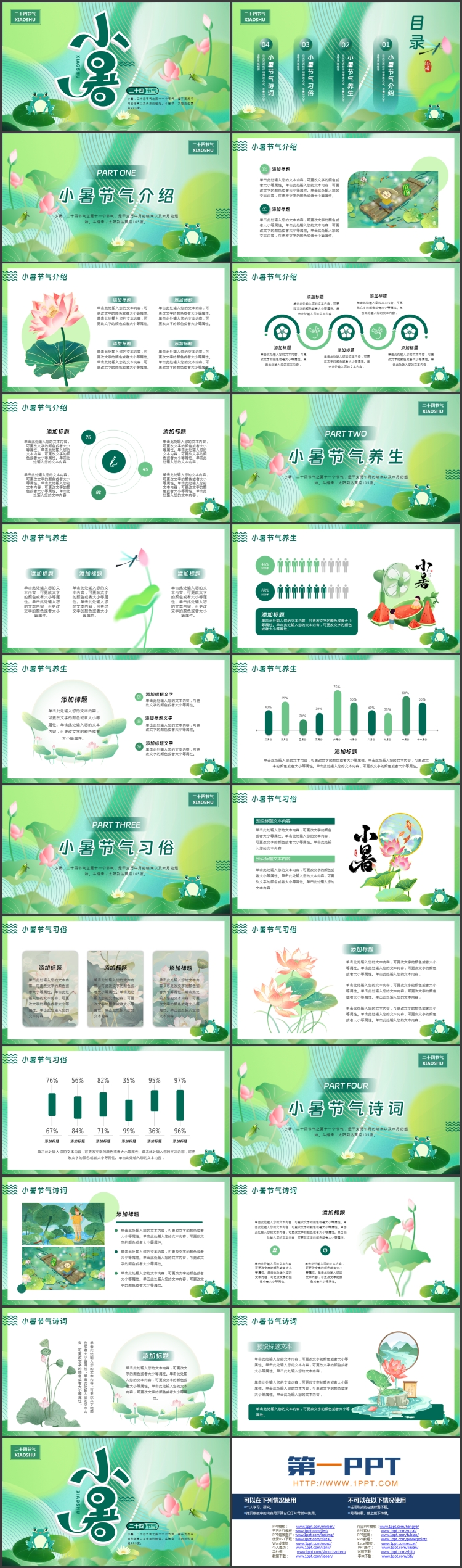 绿色荷花荷叶背景的二十四节气之小暑节气介绍PPT模板