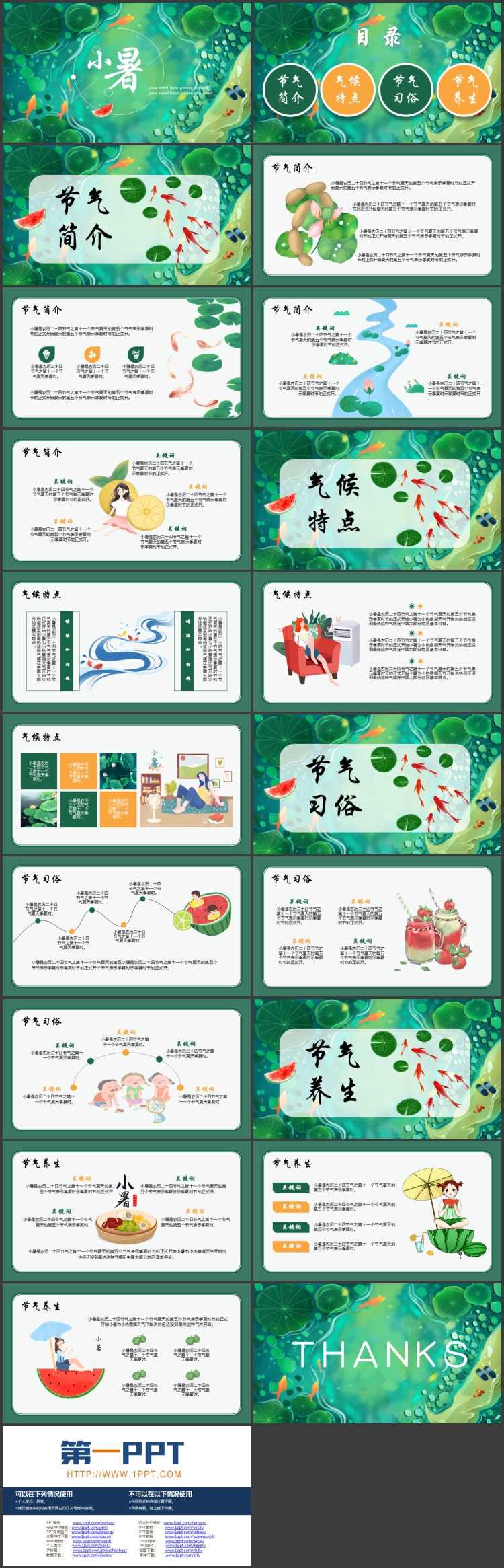 绿色插画荷叶锦鲤背景的小暑节气介绍PPT模板