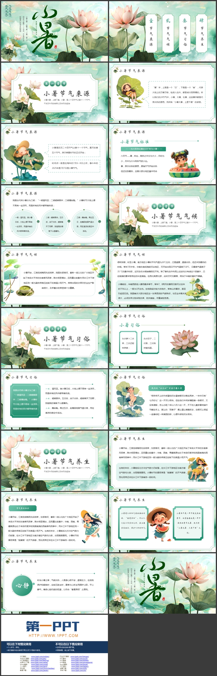 绿色荷花荷叶背景的传统二十四节气之小暑节气介绍PPT模板