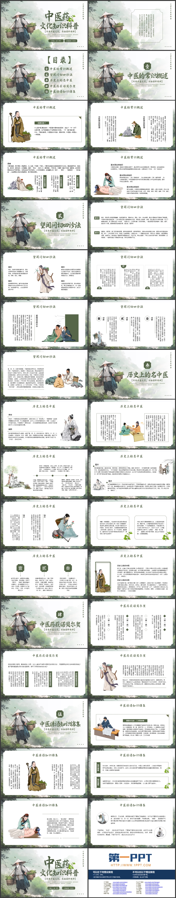 绿色插画风中医药文化知识科普PPT模板