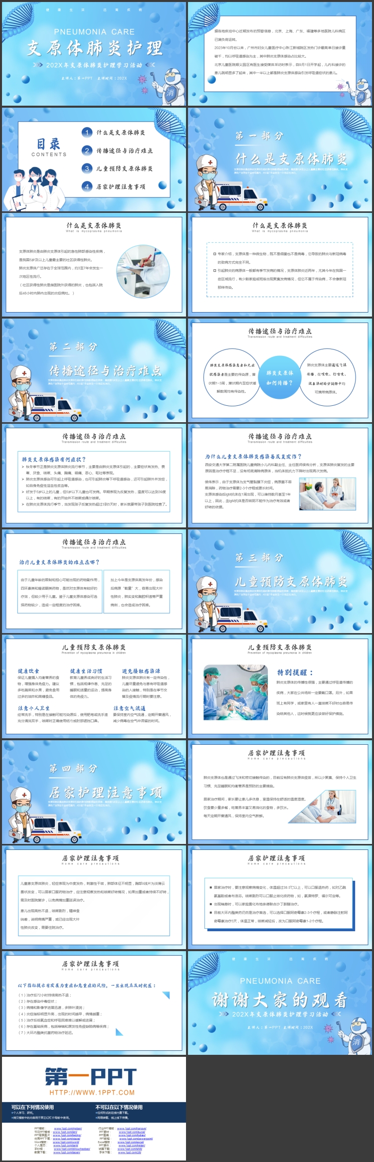 蓝色卡通防疫人员背景的支原体肺炎护理学习活动PPT模板