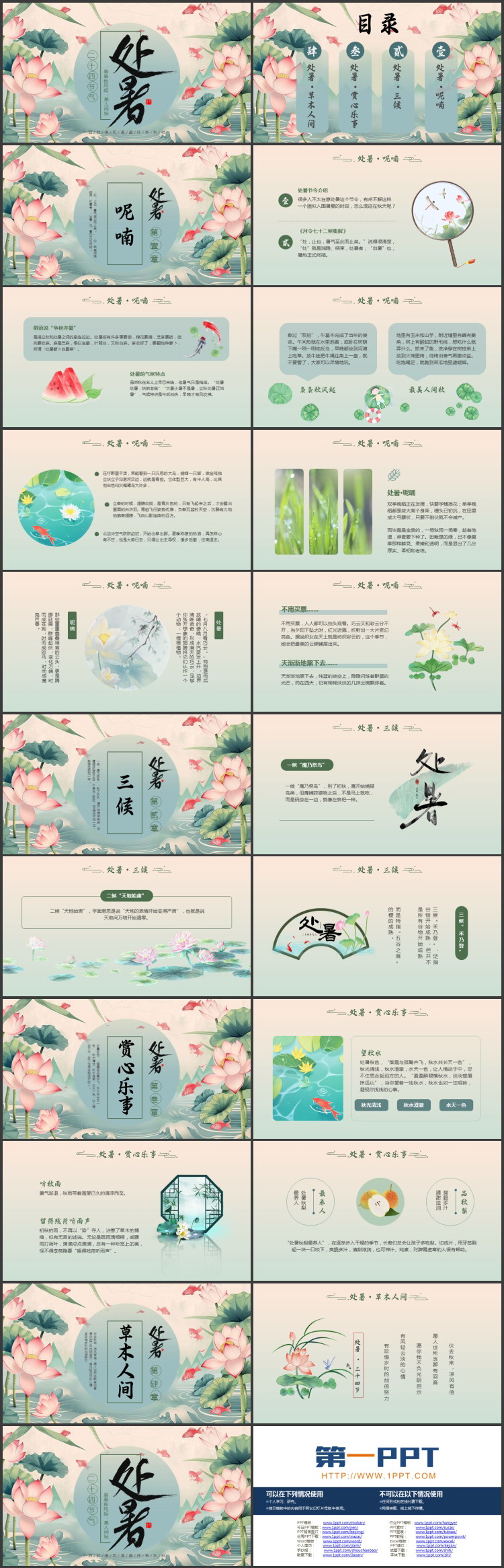清新水彩风荷花荷叶背景的处暑节气介绍PPT模板