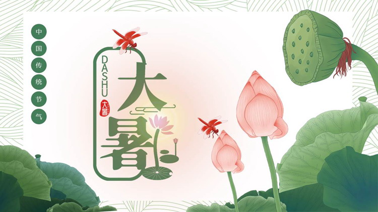 绿色水彩荷花荷叶背景的中国传统节气之大暑节气介绍PPT模板