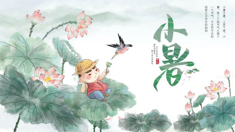 绿色水墨荷花荷叶背景的小暑节气介绍PPT模板