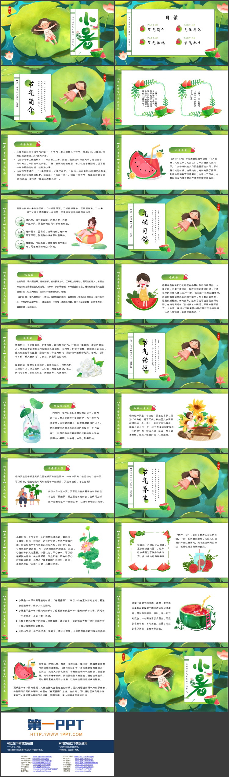 绿色清新插画风荷叶女孩背景的小暑节气介绍PPT模板
