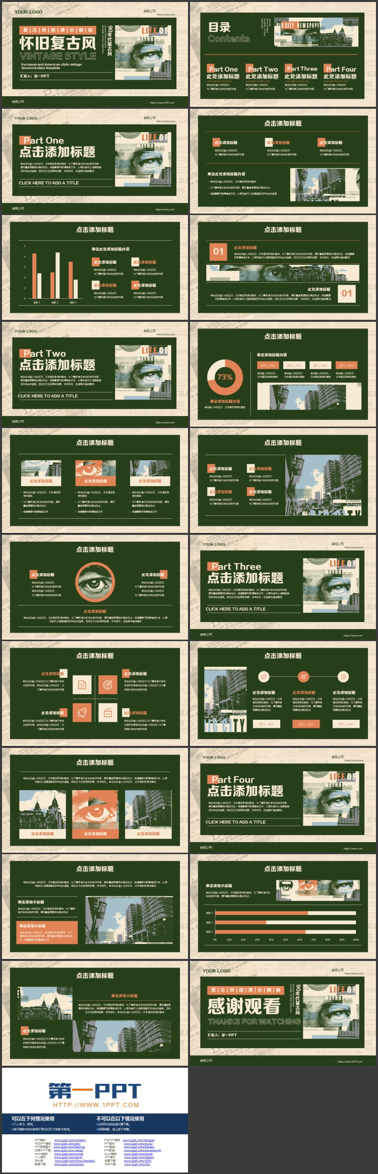 绿色怀旧复古风商务演示PPT模板