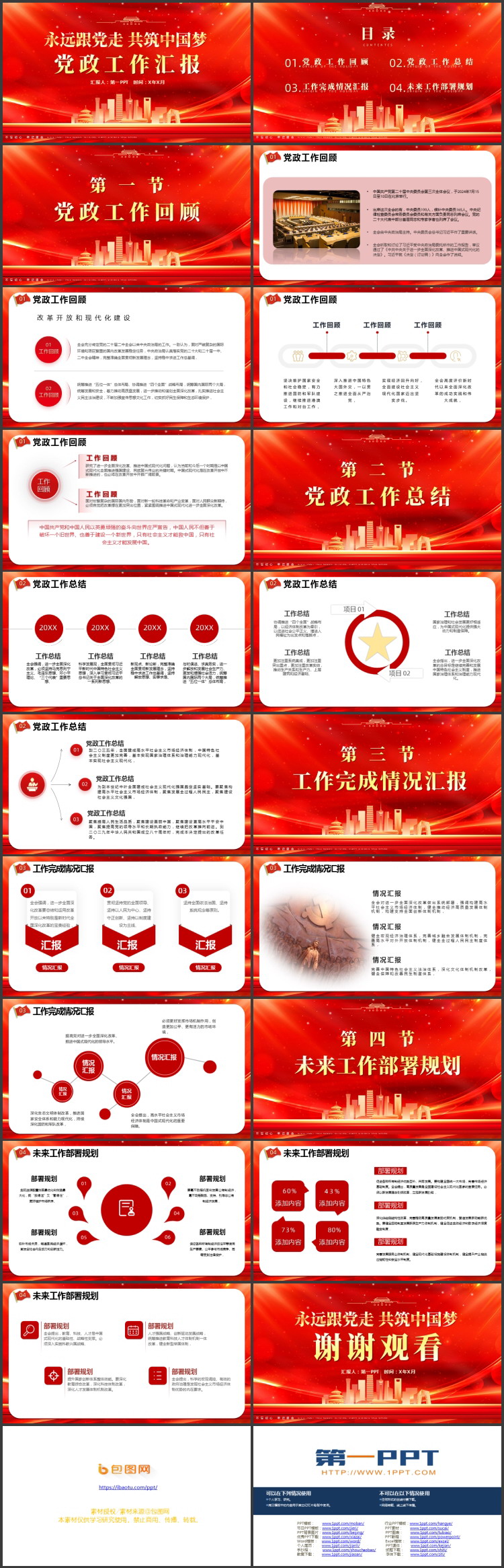 红金大气城市剪影背景的党政工作汇报PPT模板