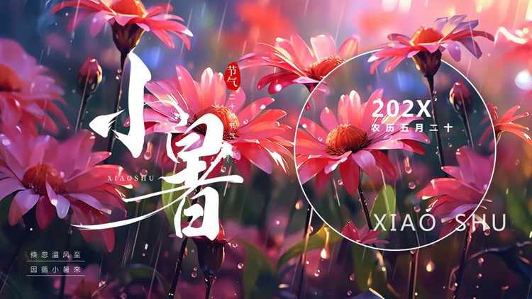 紫粉精美花卉背景的插画风小暑节气介绍PPT模板
