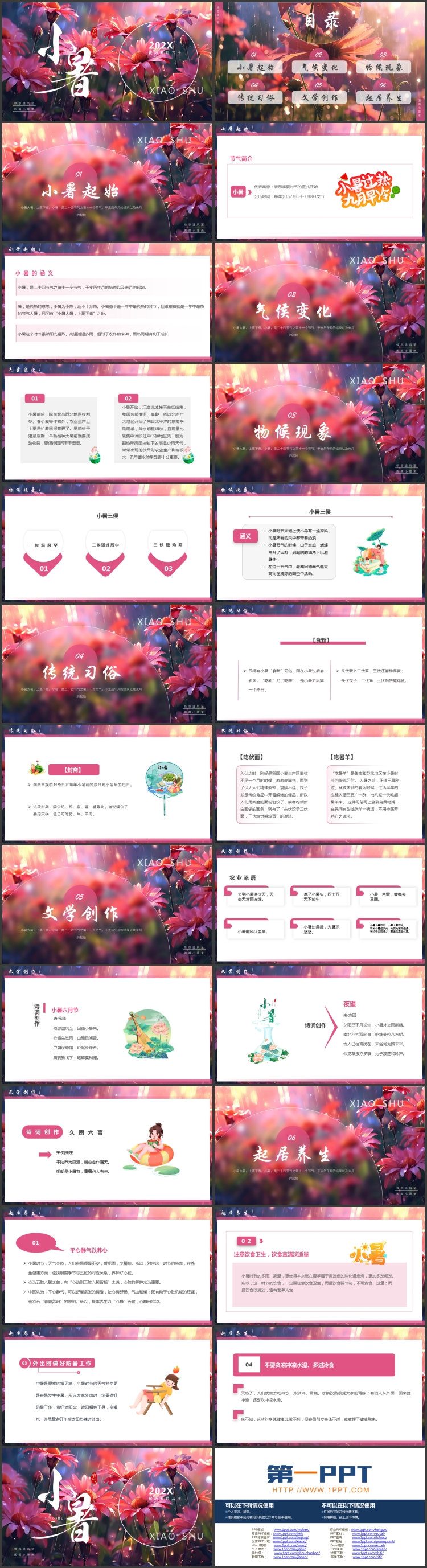 紫粉精美花卉背景的插画风小暑节气介绍PPT模板